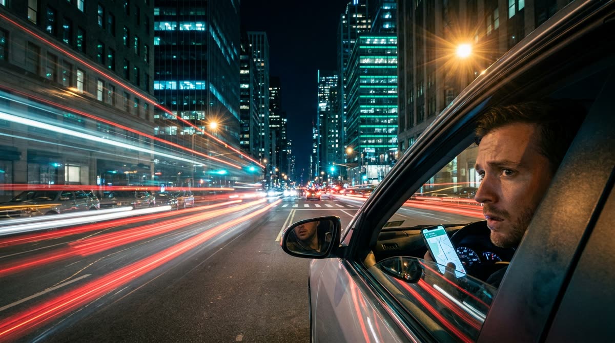 Ciudad de noche vista desde un auto
